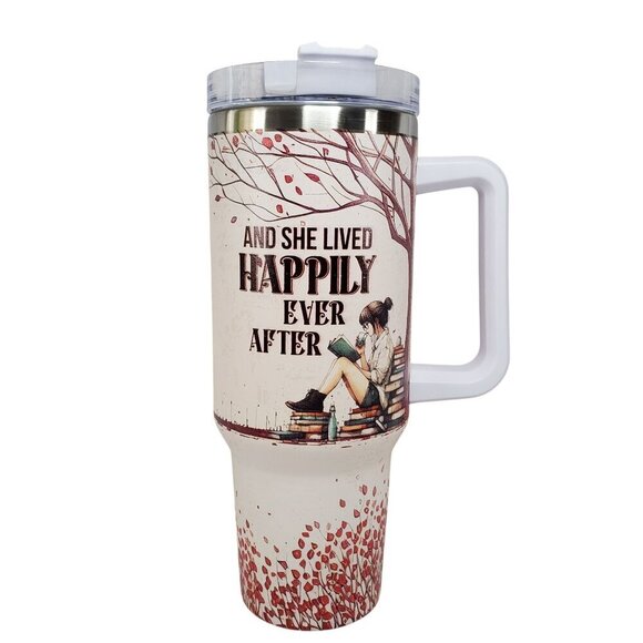 Just A Girl Who Loves Books Travel Tumbler 40 Oz Handle & Lid Book Worm Gift - Picture 3 of 4